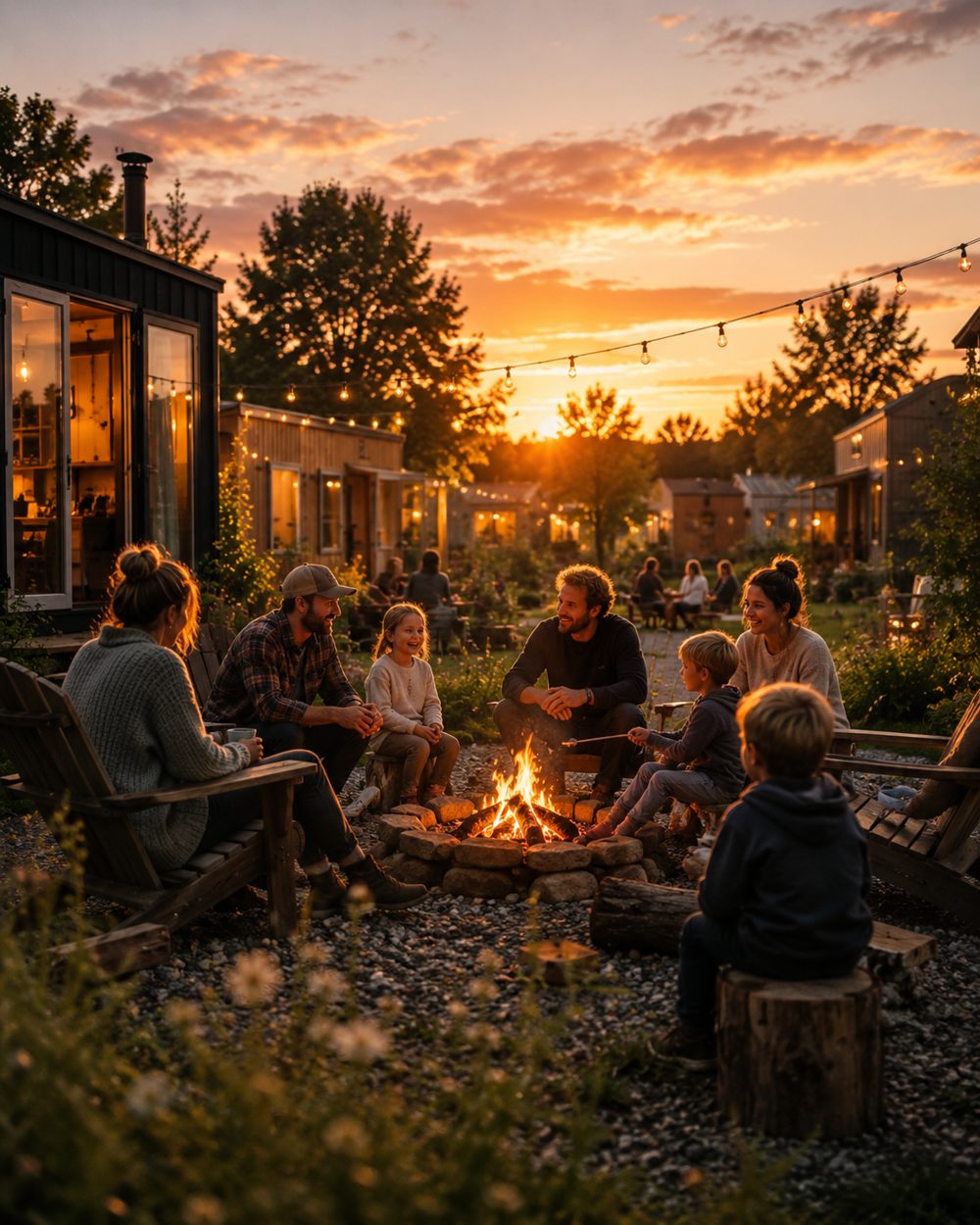 Menschen sitzen abends am Lagerfeuer zwischen Tiny Houses