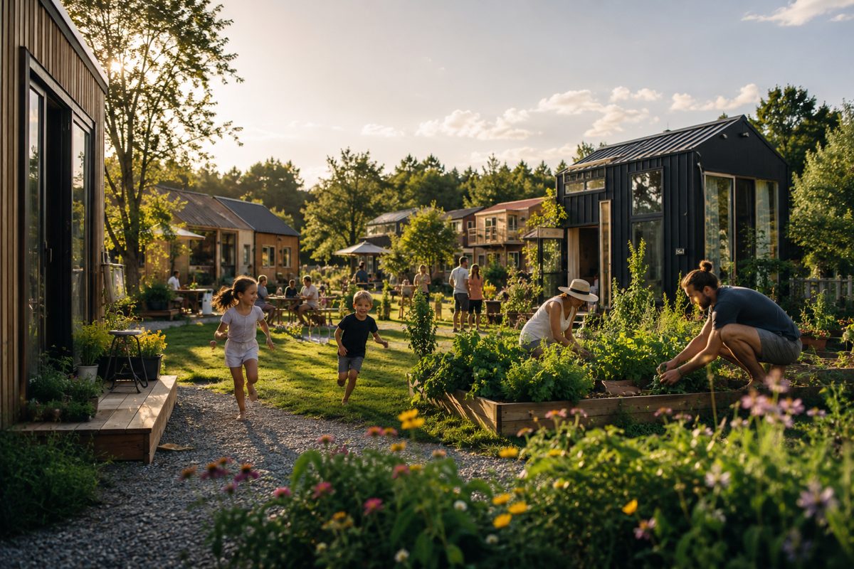 Familien und Kinder verbringen Zeit zwischen Tiny Houses, Gemeinschaftsgarten im Vordergrund